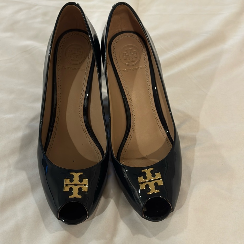 Tory Burch Navy Blue Patent Jade Peep Toe Wedges 6 1/2